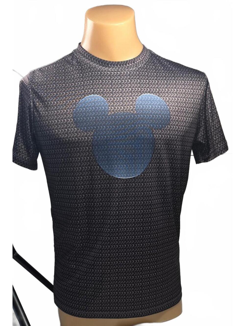Disney Black & Gray Mickey Mouse Patterned Polyester T-Shirt Y2K  Size SM 34/36